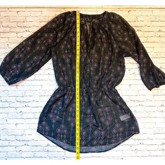 Maurice's Sheer Black Geometric Print Tunic Top With Elastic Waist & 3/4 Sleeves - Picture 10 of 11